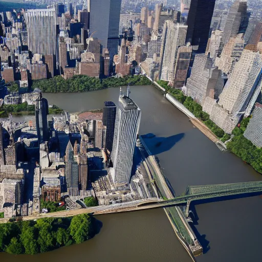 Image similar to An oversized capybara in a crown towering over miniature New York city. Aerial shot