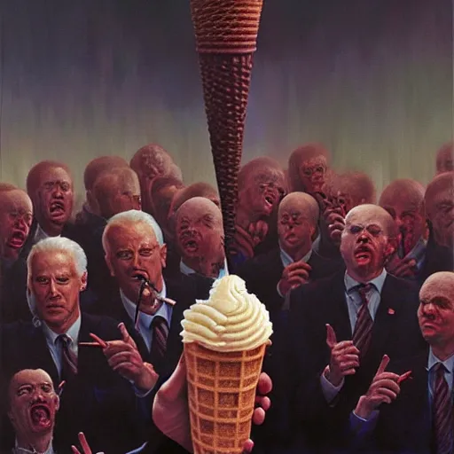 Image similar to epic Joe Biden eats waffle cone ice cream in pandemonium, demons and souls, portrait, art by Wayne Barlowe, oil on canvas