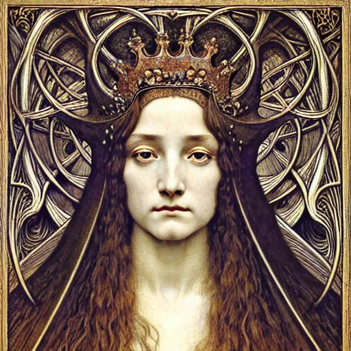 Prompt: detailed realistic beautiful young medieval queen face portrait by jean delville, gustave dore and marco mazzoni, art nouveau, symbolist, visionary, gothic, pre - raphaelite, art forms of nature by ernst haeckel, memento mori by zdzisław beksinski, horizontal symmetry