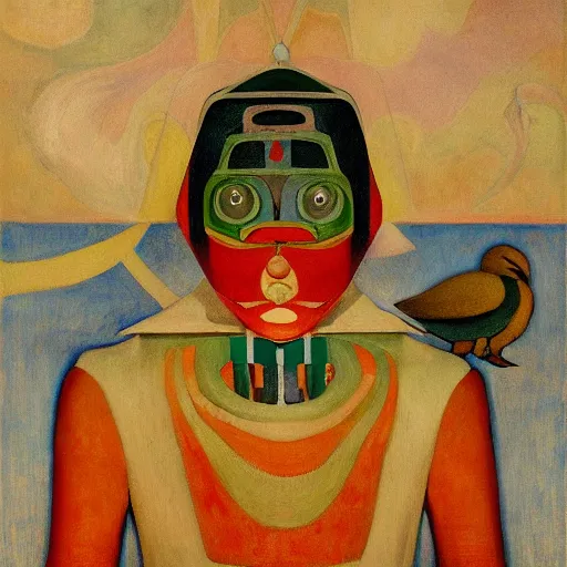 Image similar to the robot child wearing her bird mask, by annie swynnerton and diego rivera and elihu vedder and lucien freud, symbolist, dramatic lighting, elaborate geometric ornament, head and shoulders view, art brut, soft cool colors, smooth, sharp focus, extremely detailed, adolf wolfli, leo and diane dillon, nicholas roerich