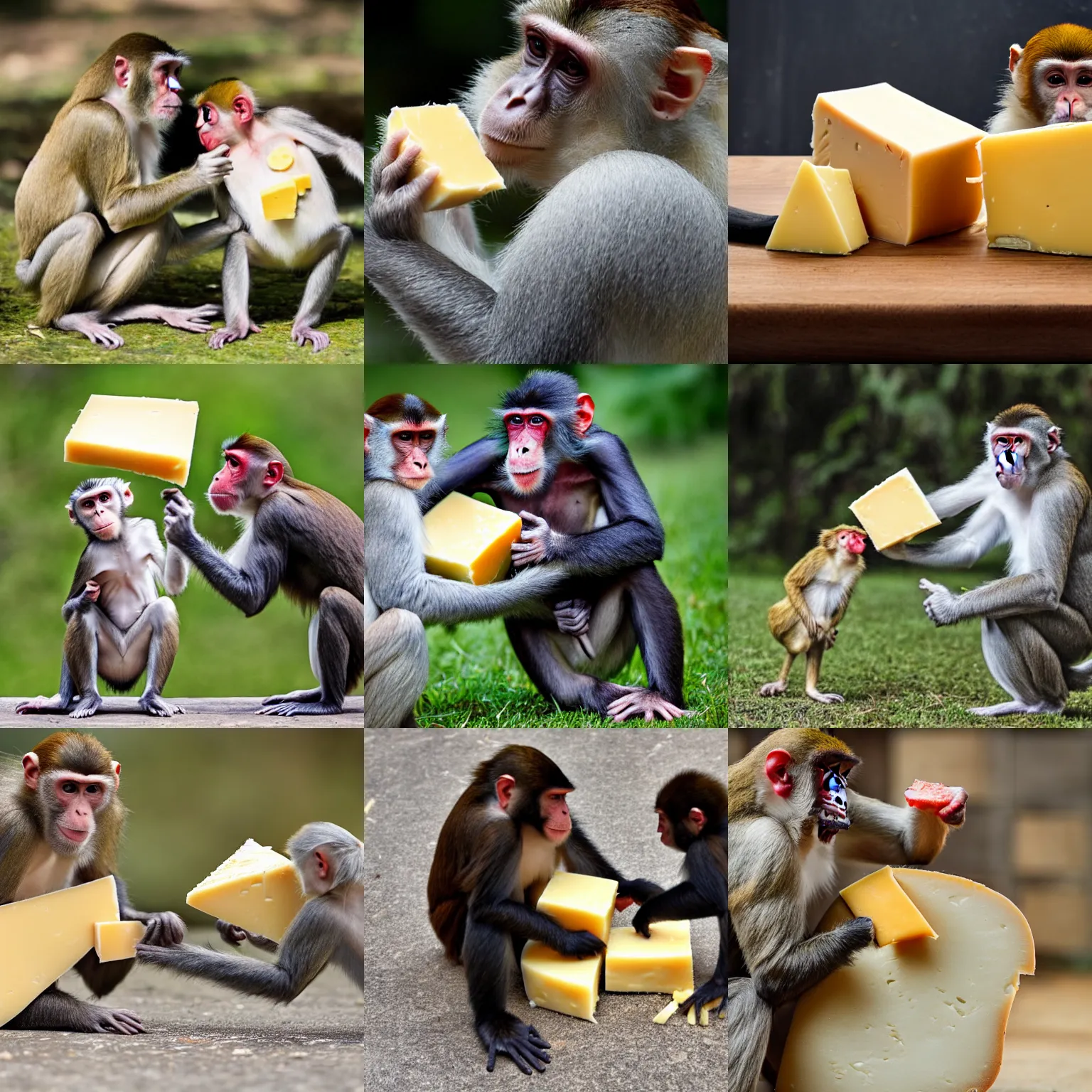 Prompt: a monkey and a chicken are fighting over a piece of cheese