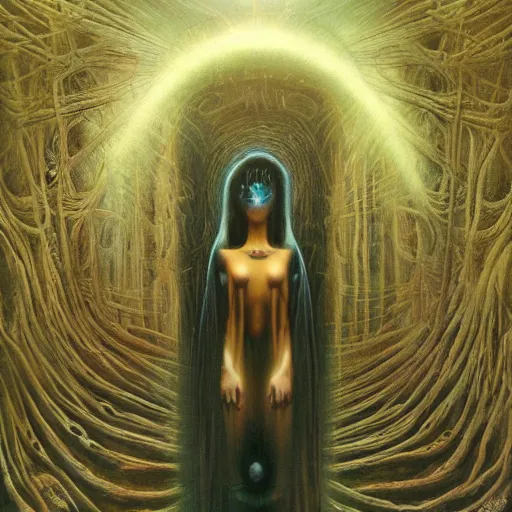 Prompt: dark shrouded woman performing ethereal ritual, expanding energy into the ethos, portal opening behind her, epic surrealism oil paint by Ernst Fuchs, Zdzislaw Beksinski, Greg Hildebrandt highly detailed