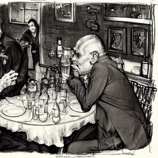 Image similar to dragwads, british dragons, ultraterrestrial dragons, drinking tea and gin at at the local tavern, subsurface scattering, soft colors, don't look out the front door no matter what you do, drawn by norman rockwell