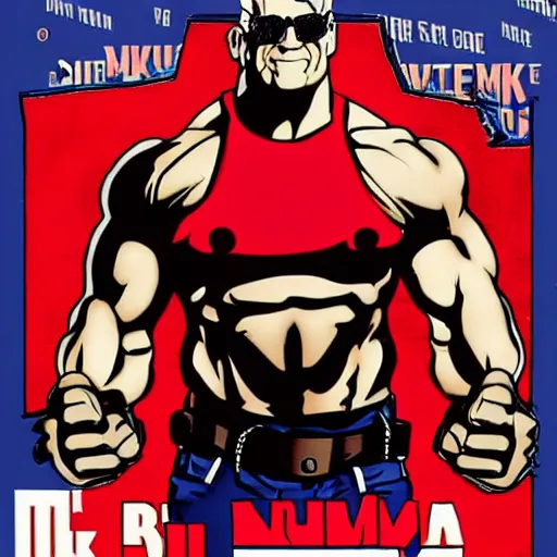 Image similar to Duke Nukem doing the Bateman stare, red tank-top, Duke Nukem 90s cover art