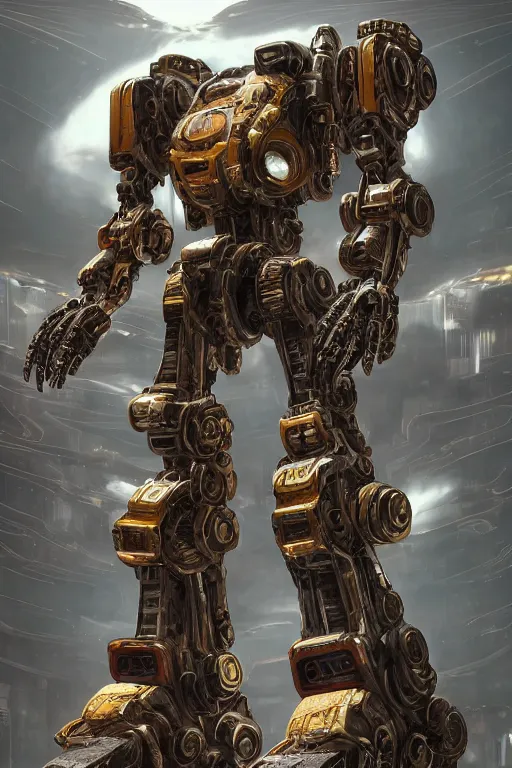 Prompt: realistic ancient mecha in a futuristic landscape designed by makoto kobayashi and luca zampriolo, portrait, cyberpunk style, wood and gold details, intricate, extremely detailed, ornate, deep of field, hard surface, exoskeleton, substance designer metal