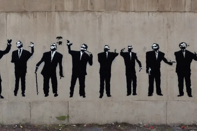 Prompt: a banksy street art painting of several men in black fbi suits with question marks instead of heads