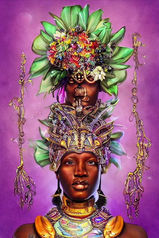 Prompt: opalescent retrofuturistic digital airbrush illustration of an african warrior wearing an ornate gpu headpiece and holding a flower with a map of the collective subconscious in the background by luigi patrignani