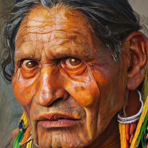 Prompt: high quality high detail painting by lucian freud, hd, portrait of a indian tribe leader, photorealistic lighting