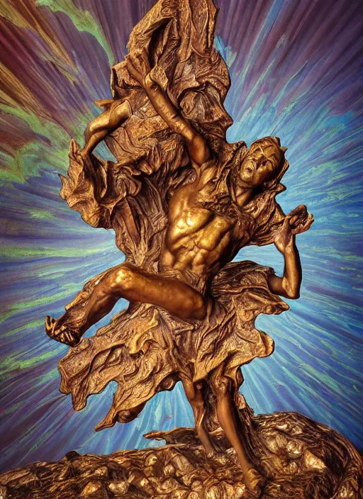 Image similar to An epic fantastic realism comic book style painting of a blessed bronze sculpture from the future by Stanislaw Szukalski, beautiful colorful flowers rain down, gilded marbled paper overlay, fisheye lens, unreal 5, DAZ, hyperrealistic, octane render, dynamic lighting