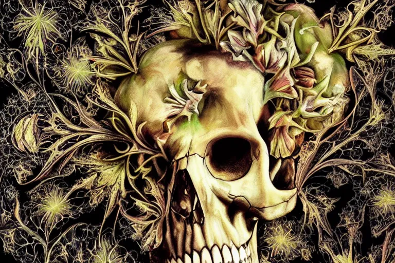 Image similar to an epic fantastic realism comic book style painting of datura flowers and a fractal skull within a fractal within a fractal within a fractal within a fractal all contained in a human skull and complimented with the most beautiful datura flowers, dynamic lighting, datura, angel's trumpet, allegory of death