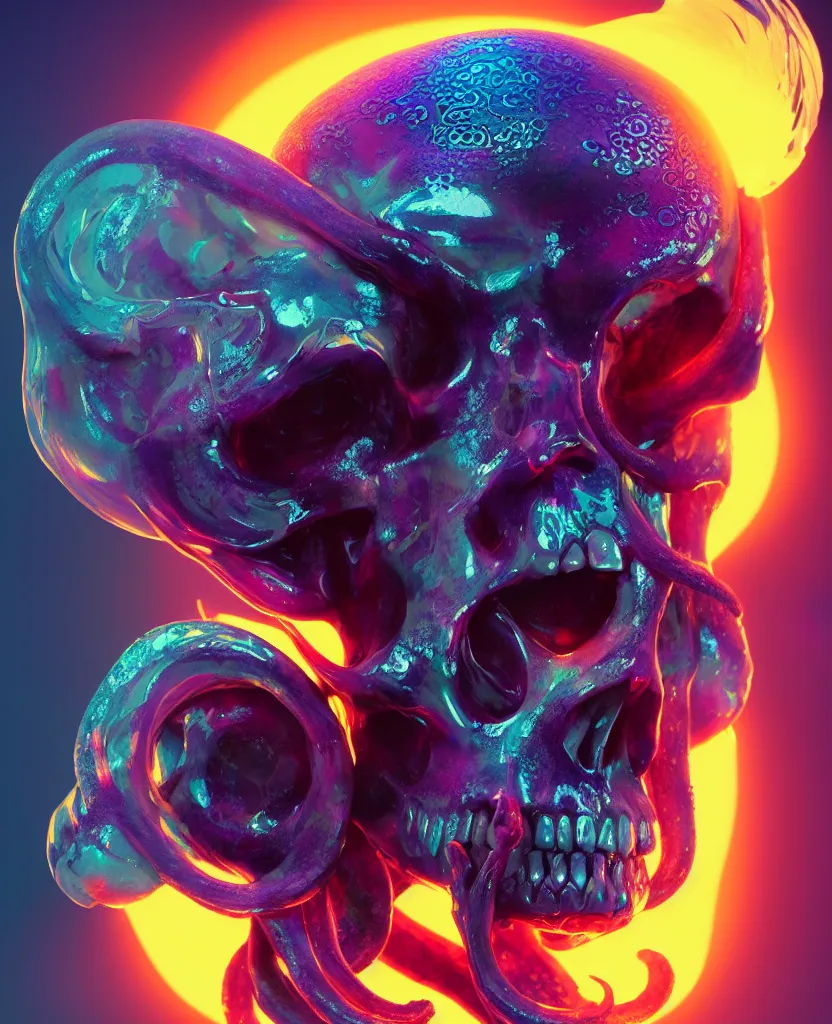 Image similar to goddess close - up portrait human skull, ram skull, squid phoenix jellyfish, orchid, betta fish, bioluminiscent, intricate artwork by tooth wu and wlop and beeple. octane render, trending on artstation, greg rutkowski very coherent symmetrical artwork. cinematic, hyper realism, high detail, octane render, 8 k