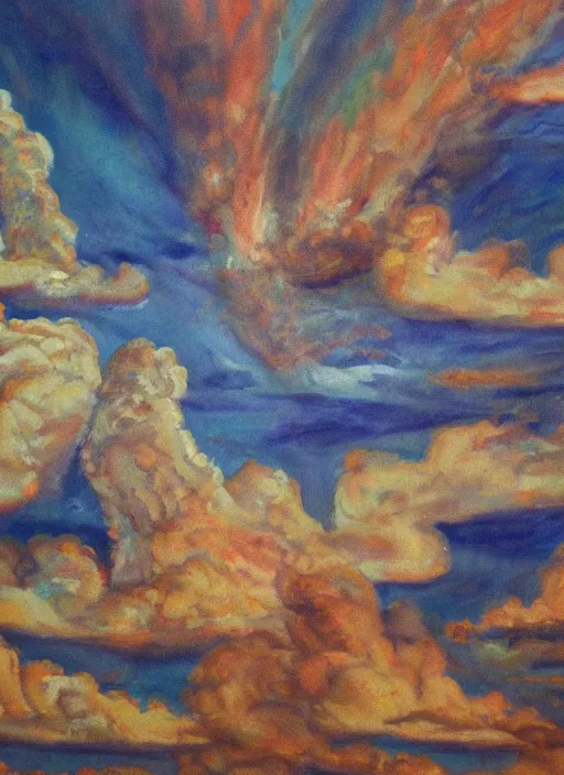 Image similar to a painting of faces of old indigenous people embedded in the clouds in the sky