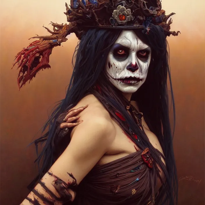 Prompt: excellent painted portrait of the undead queen of the southern burning plains, character artwork, 8k resolution artwork, trending on artstation, detailed oil painting portrait, art by artgerm and greg rutkowski and alphonse mucha and craig mullins and James Jean and Andrei Riabovitchev and Marc Simonetti and peter mohrbacher