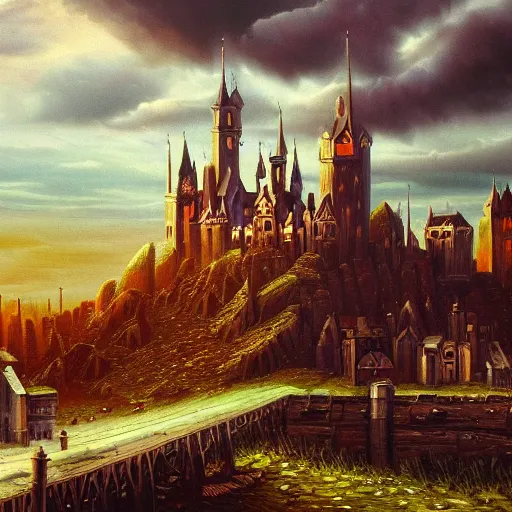 Image similar to stark oil painting medieval fantasy cityscape, foreboding, detailed, castle, stormy skies