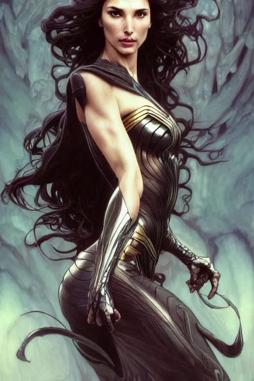 Image similar to very very beautiful longshot photo of chthonic spirit of Gal Gadot with demonic eyes and black veins, intricate, elegant, highly detailed, artstation, concept art, smooth, sharp focus, illustration, art by artgerm, alphonse mucha, Ayami Kojima, Beksinski, Giger