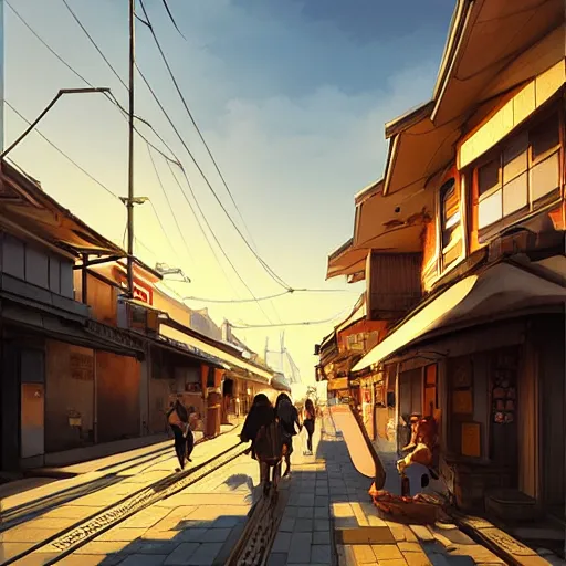 Image similar to walking around ozu city and shimonad station, ehime, japan. volumetric lighting, hot summer evening, golden hour, realistic illustration, perfectly shaded, soft painting, art by krenz cushart and wenjun lin