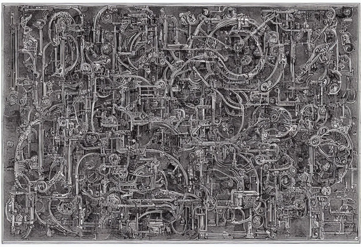 Prompt: blueprint of demonic stemapunk machine from necronomicon, plenty annotations in blood sumerian language, colorfully background, by rutkowsky and gerald brom and frazetta and rembrandt