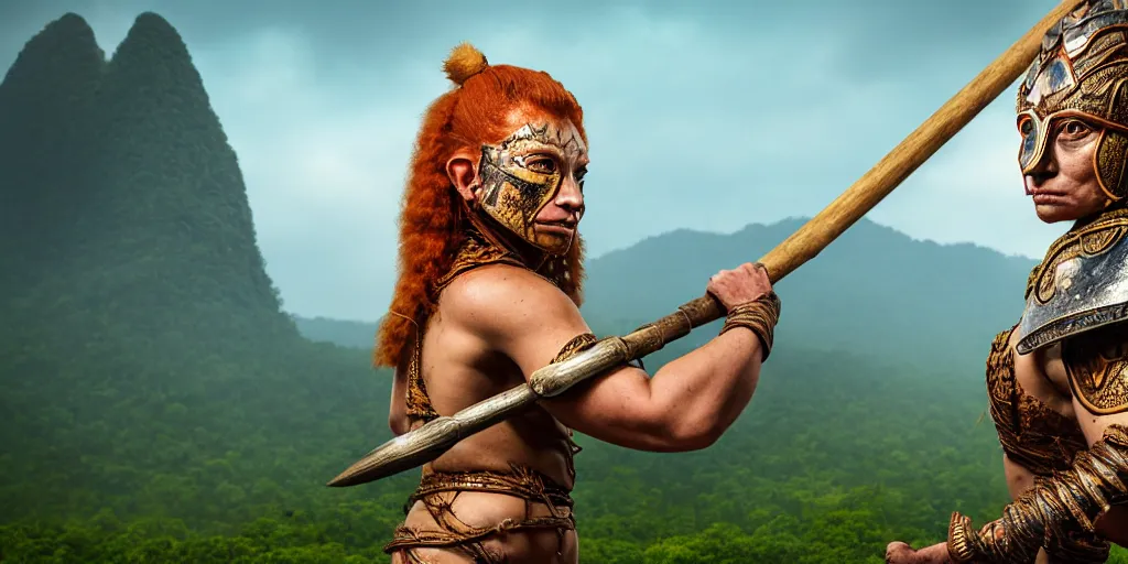 Image similar to armoured ginger dwaven woman wielding a hammer and shield, jungle clearing, awesome floating mountain in the shape of a human heart by Charlie White 4k realism distant landscape