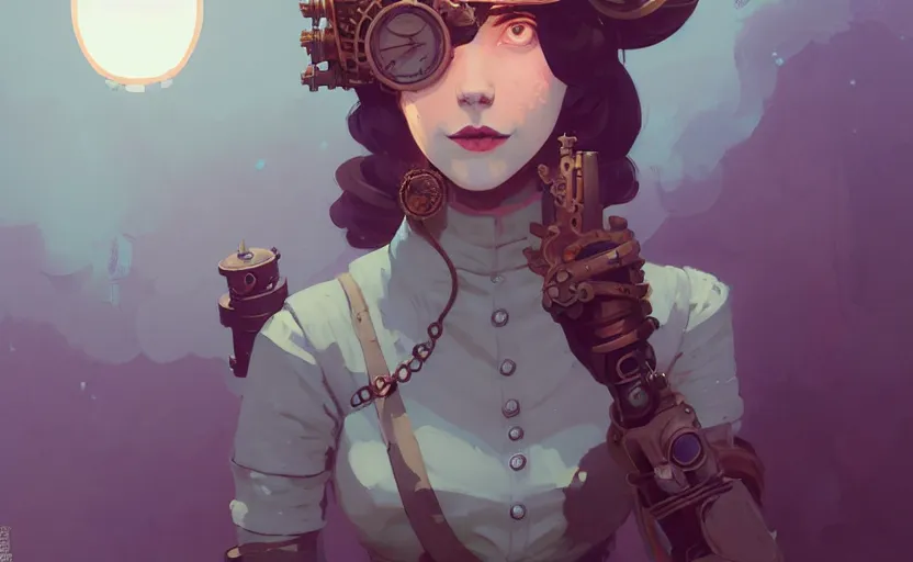 Image similar to portrait of female steampunk princess by atey ghailan, by greg rutkowski, by simon stalenhag, by greg tocchini, by james gilleard, by joe fenton, by kaethe butcher dynamic lighting, gradient light blue, brown, blonde cream and white color scheme, grunge aesthetic