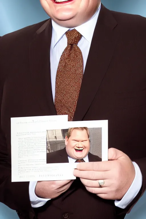 Image similar to andy richter wearing a brown suit and necktie, ultra hd photo, 3 5 mm close up, fish eye, realistic, smiling, holding a postcard from chicago