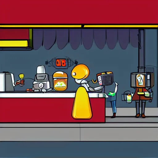 Prompt: a fast food restaurant runned by cute tiny robots, digital art