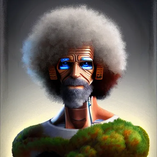 Image similar to cyborg bob ross by vitorugo, by mateus 9 5, realistic background, highly detailed, concept art, smooth, sharp focus, illustration of