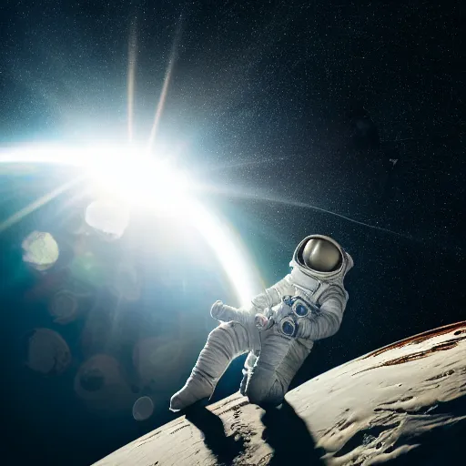 Image similar to photograph of an astronaut in space, singular light source from below, earth only visible below, darkness above, full body photo, amazing light and shadow contrast, 8 k