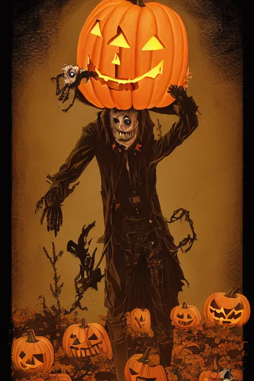 Image similar to a scarecrow with jack - o - lantern head, full body, big two toned eyes, halloween, horror, intricate details, cinematic, epic, realistic, anatomy, tomer hanuka, uplight, artstation, photorealistic, scary