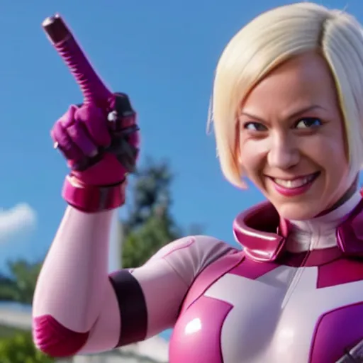 Image similar to A still of Gwenpool in Deadpool 3 (2023), blonde hair with pink highlights, no mask, white and light-pink outfit, smiling and winking at the camera, comics accurate design