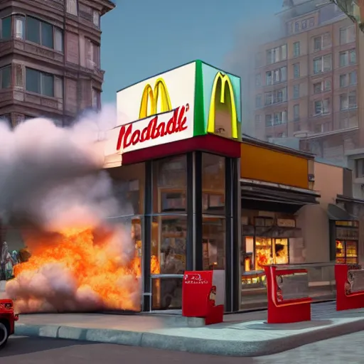Prompt: colonel sanders fire bombing a macdonalds restaurant, hyper real, 8 k, octane render, vivid, bright, photo realistic, city street