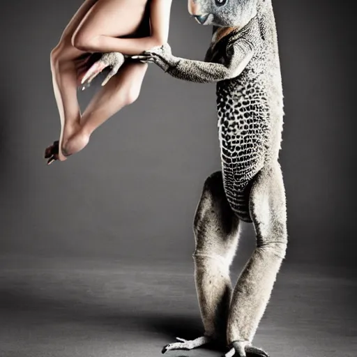 Prompt: a man with a human head, lizard arms, koala body, and chicken legs, fashion photography