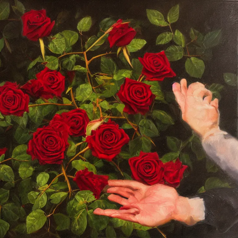 Prompt: a drop of blood fell from the finger of the hand and falls down a bush with roses, oil painting style,