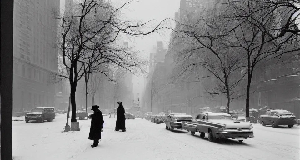 Image similar to image of a new york street in the winter, black and white photograph by andre kertesz, henri cartier - bresson