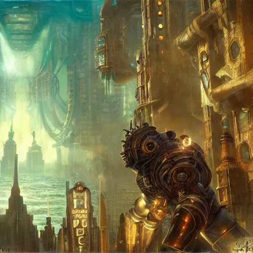 Image similar to underwater city, bioshock, highly detailed painting by gaston bussiere, craig mullins, j. c. leyendecker 8 k