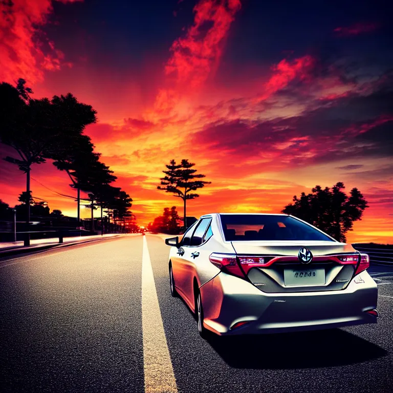 Image similar to close-up-photo TOYOTA CAMRY middle of street, sunset kanagawa prefecture, night, cinematic color, photorealistic, highly detailed,