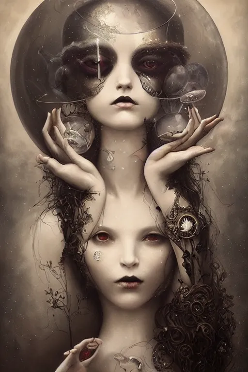 Prompt: By Tom Bagshaw, ultra realist soft painting of a curiosities carnival by night, very beautiful female dollpunk in full gothic dress transparent glass sphere, symmetry accurate features, very intricate details, omnious sky, black and white, volumetric light clouds