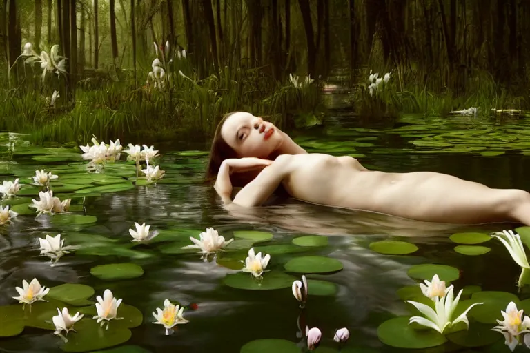 Image similar to cinematic 3 d portrait of a woman's porcelain head and shoulders floating in a pond, surrounded by a forrest of lillies, deep focus, intricate, elegant, highly detailed, matte, sharp focus, by bill henson and gregory crewdson and james jean