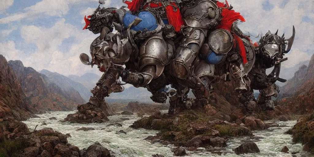 Prompt: full body blued-steel single titan colossus T-800 in pacing through hills, crossing the river, mountain valley to fortress, with armour, artillery, fine art, cinematic, artstation, matte painting, masterpiece by vasnetsov and surikov, JEAN-VICTOR BERTIN