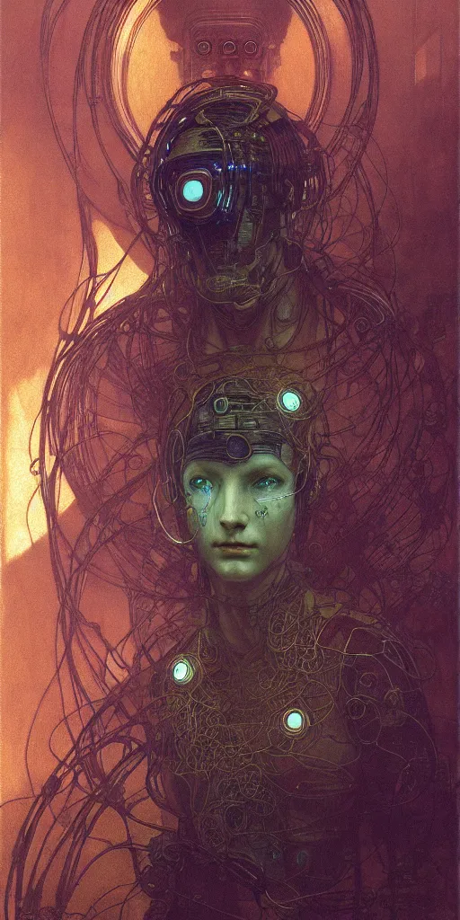 Image similar to ultra detailed, realistic cyberpunk portrait of one character, sci fi, cybernetic, wires, ar nouveau, by alfons maria mucha and zdzisław beksinski, dark mood, high detailed, 4 k, hd, high quality