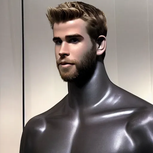 Image similar to “a realistic detailed photo of a guy who is an attractive humanoid who is half robot and half humanoid, who is a male android, actor Liam Hemsworth, shiny skin, posing like a statue, blank stare, at the museum, on display”