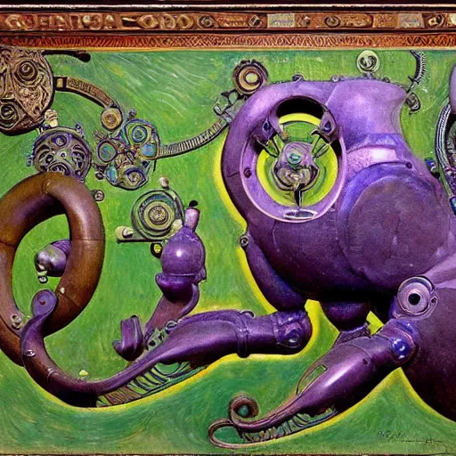 Prompt: beautiful sculpture of an ornate mechanical robot cat, by annie swynnerton and diego rivera and nicholas roerich and jean delville, symbolist, dramatic lighting, god rays, elaborate geometric ornament, art brut, colors are soft greens and blues and purple, smooth, sharp focus, extremely detailed, adolf wolfli and ( donato giancola )