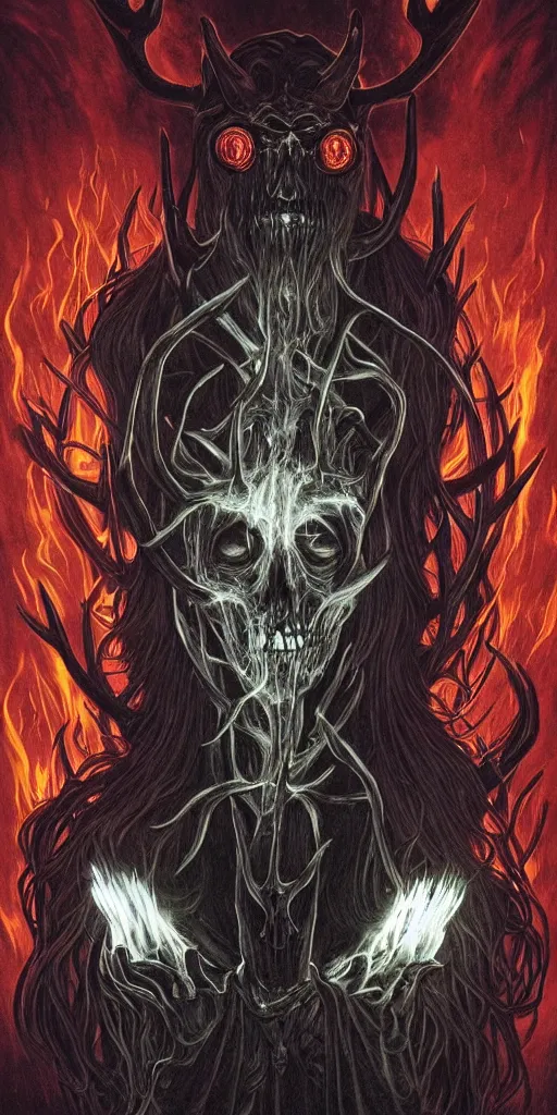 Image similar to intense glowing black metal pagan god with antlers and intense glowing white eyes with a skull on fire in very dark void by artgerm and beksinski and alphonse mucha, portrait, fantasy, clear, fire, light beams, lens flare, intense, uhd, amazing depth, cinematic lighting, black and red and intense orange and yellow