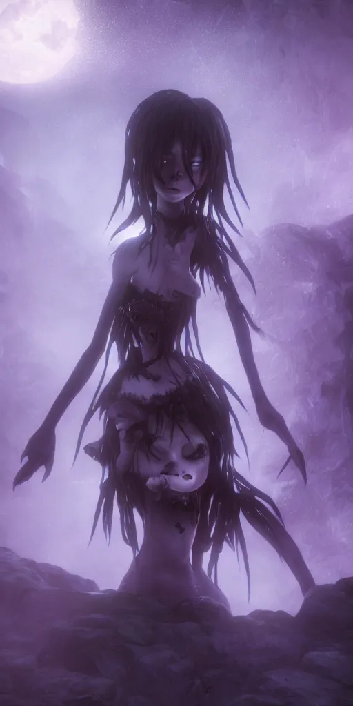 Prompt: full shot portrait of angry darkness cute anime girl under waterfall at moonlight, gothic wearing, inspired by Tim Burton, Norihiro Yagi, Marc Simonetti, Amano, Juri Misaki, detailed, unreal engine 4k volumetric light, fog, purple color palette