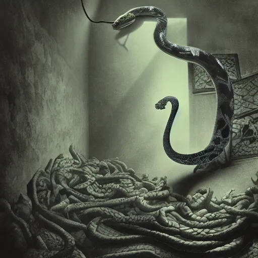 Prompt: A dark room with a large colored snake in the center of it, awarded photograph, dark fantasy, dramatic lighting