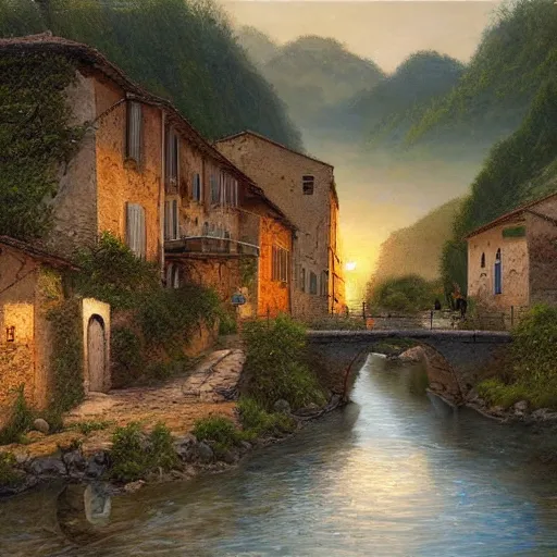 Prompt: High-Quality realist painting of a river crossing a traditional Italian village at dawn, peaceful, very detailed, digital art.