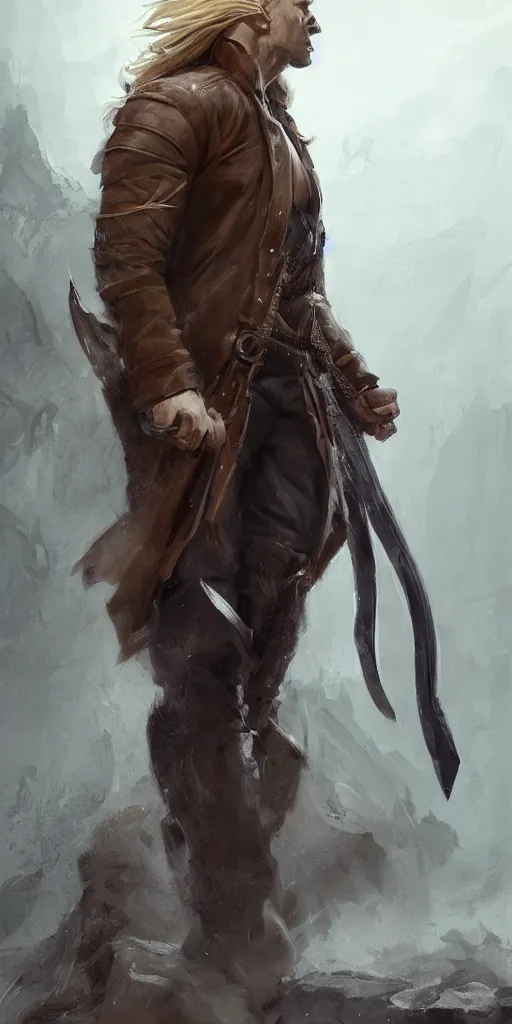 Prompt: portrait of a muscular, grim, ponytail haired blonde man in his late 30's, wearing a thick brown leather coat, looking to his side, holding a fiery dagger, hunter, DnD character, fantasy character, digital art by Ruan Jia, Krenz Cushart, Rossdraws and Boris Vallejo