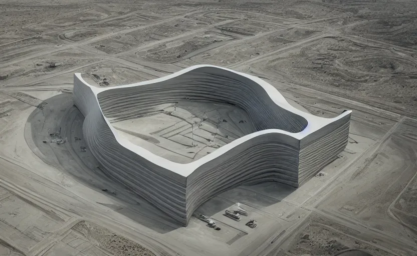 Prompt: parametric structure, medical complex, in the desert beside the gulf, view from above, design by denis villeneuve, dezeen, architectural photography