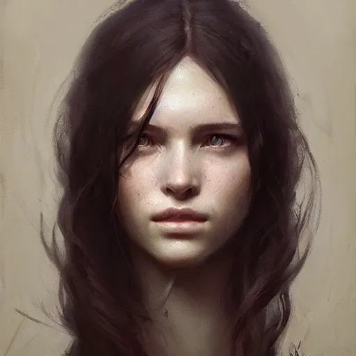 Image similar to highly detailed portrait of a young woman with long dark hair, art by greg rutkowski, unreal engine, high quality, vivid, stunning lighting