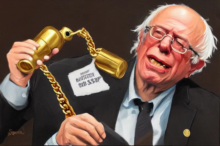 Image similar to Bernie Sanders as rap gold chains and gold teeth, drinking cough syrup, oil on canvas, artstation, portrait, masterpiece, aesthetic