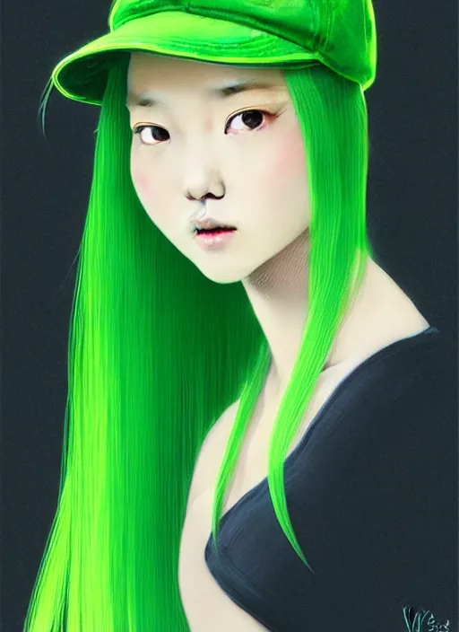 Image similar to portrait of a chinese girl with matte green hair, pixie long straight hair, wearing a light green hat, baseball cap, sophisticated, elegant, glowing lights, highly detailed, digital painting, art stand, concept art, smooth, clear focus, illustration, artwork by wlop, mars ravelo and greg rutkowski